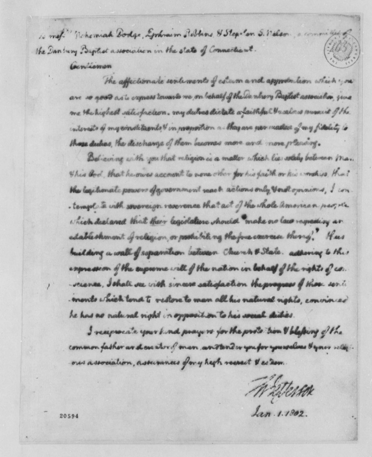 Thomas Jefferson's Letter to The Danbury Baptists